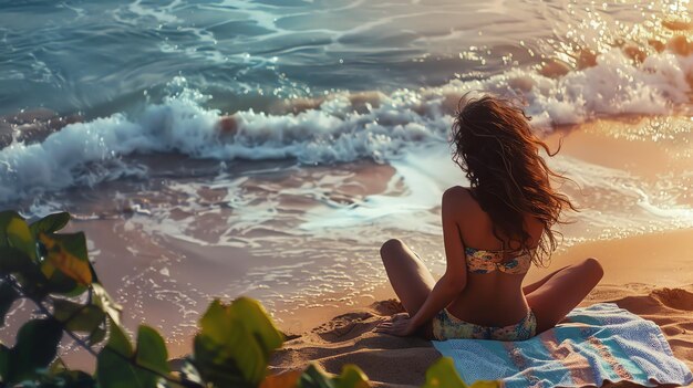 Zdjęcie młoda kobieta w bikini siedząca na plaży i patrząca na ocean