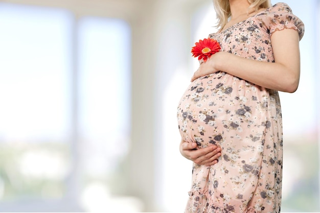 Młoda kobieta w ciąży z kwiatem na tle