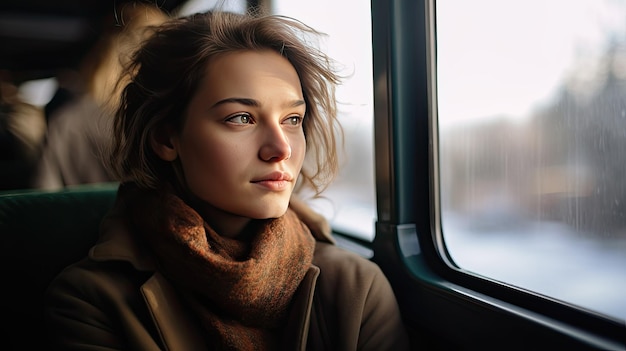 Zdjęcie młoda kobieta w ciepłych ubraniach siedzi w pobliżu okna w autobusie lub pociągu na tle zimowego krajobrazu