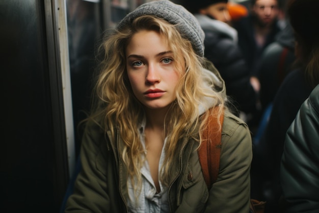 młoda kobieta w czapce w metrze