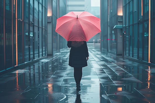 Młoda kobieta w czarnych ubraniach idąca z różowym parasolem