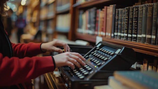 Zdjęcie młoda kobieta w czerwonym swetrze używa starej maszyny do pisania w bibliotece