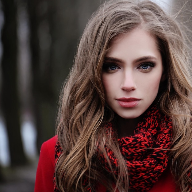 Młoda kobieta w czerwonym szaliku w parku Idealne zbliżenie kobiecej twarzy