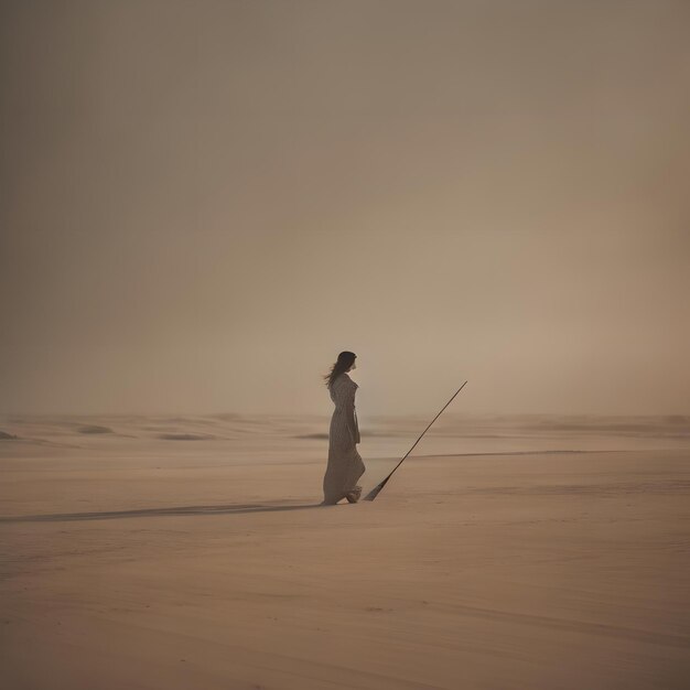 Młoda kobieta w długiej sukience z wędką w pustyni generatywny ai