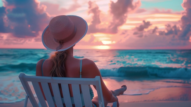 Młoda kobieta w fotelu z kapeluszem na tropikalnej plaży przy zachodzie słońca