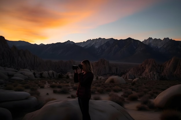 Młoda kobieta w górach robi zdjęcia zachodu słońca Sieć neuronowa AI wygenerowała sztukę