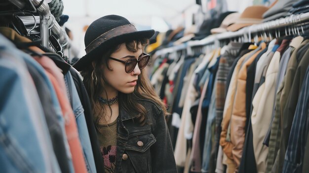 Zdjęcie młoda kobieta w kapeluszu i okularach przeciwsłonecznych patrzy na półkę z ubraniami w sklepie z używanymi rzeczami.