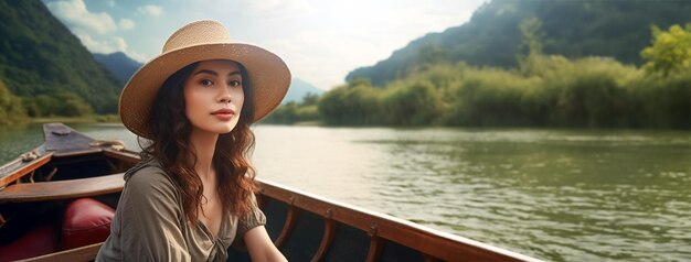 Młoda kobieta w kapeluszu w łodzi na jeziorze z górami cieszy się widokiem