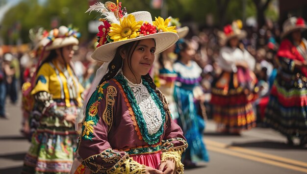Młoda kobieta w kolorowym stroju narodowym uczestniczy w paradzie Koncepcja dziedzictwa kulturowego i świętowania