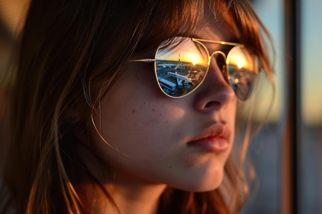 Młoda kobieta w lustrzanych okularach przeciwsłonecznych odzwierciedlająca lotnisko i odlatujący samolot Koncepcja przygody wakacyjnej podróży