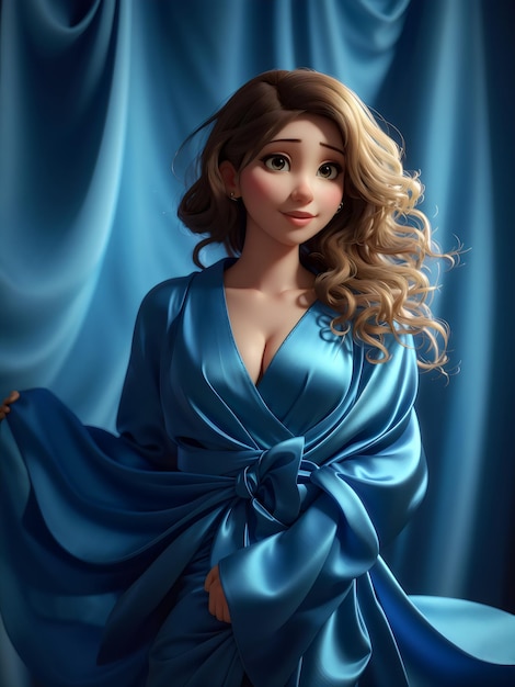Młoda kobieta w niebieskiej sukience Sesja zdjęciowa w stylu kreskówkowym 3D stworzona przy użyciu generatywnej sztucznej inteligencji