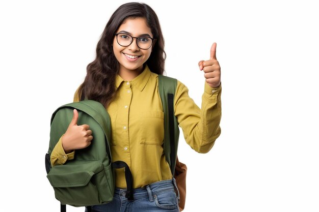 młoda kobieta w okularach i zielonym plecaku pokazująca kciuki do góry.