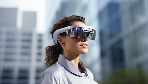 Młoda kobieta w okularach wirtualnej rzeczywistości na tle nowoczesnych drapaczy chmur