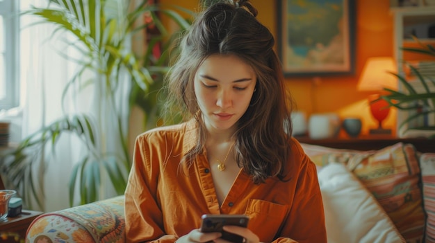 Młoda kobieta w pomarańczowej koszuli używająca smartfona