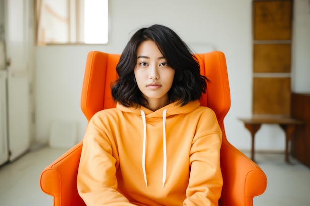 Młoda kobieta w pomarańczowym stroju na portrecie mody