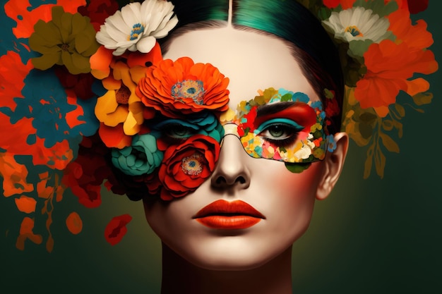 Młoda kobieta w portretie kolażu abstrakcyjnej sztuki współczesnej, ubrana w kwiaty i farbę do twarzy