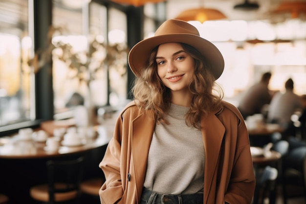 Młoda kobieta w restauracji bufetowej Portret stylu życia w sezonie jesiennym