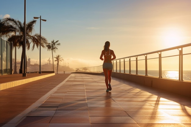 Młoda kobieta w słuchawkach i odzieży sportowej ćwicząca jogging i fitness na nabrzeżu