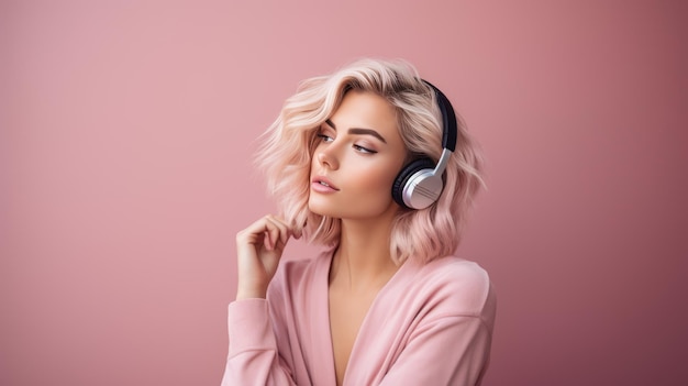 Młoda kobieta w słuchawkach na różowym tle słuchająca swojej ulubionej muzyki