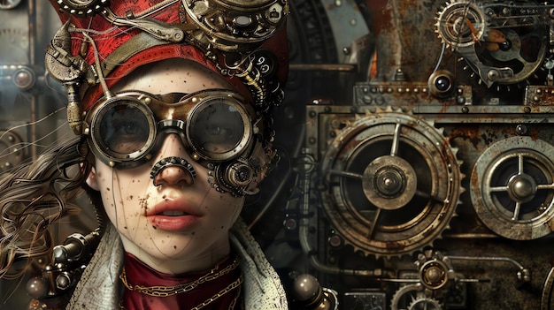 Zdjęcie młoda kobieta w steampunk goglach i czerwonym szalu stoi przed dużą zardzewiałą maszyną