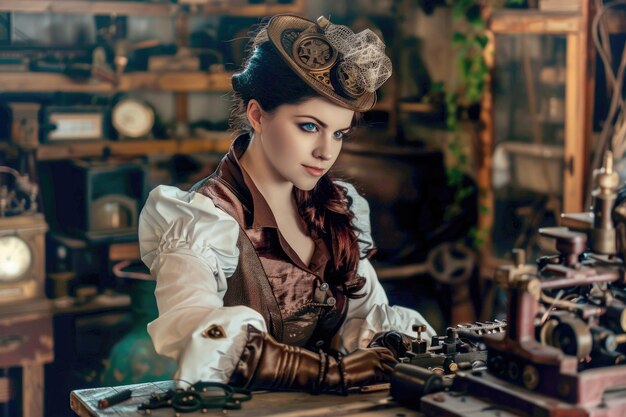 Młoda kobieta w stroju steampunkowym bawiąca się z mechanicznymi gadżetami w swoim warsztacie