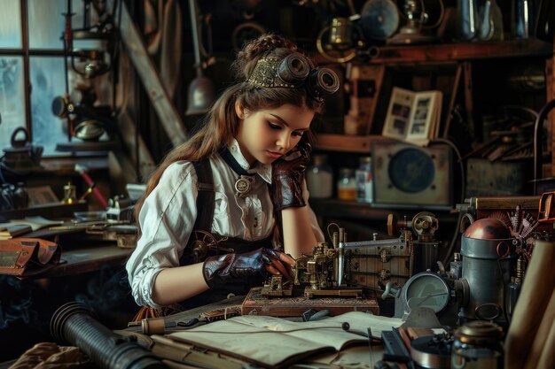 Młoda kobieta w stroju steampunkowym bawiąca się z mechanicznymi gadżetami w swoim warsztacie