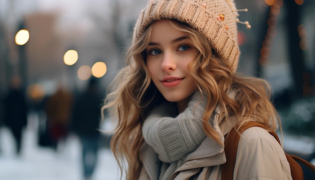 Młoda kobieta w zimowej modzie uśmiecha się na zewnątrz, patrząc na kamerę generowaną przez sztuczną inteligencję