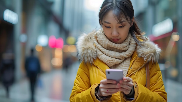 Młoda kobieta w żółtej kurtce pisze wiadomości na smartfonie w miejskim wieczorze