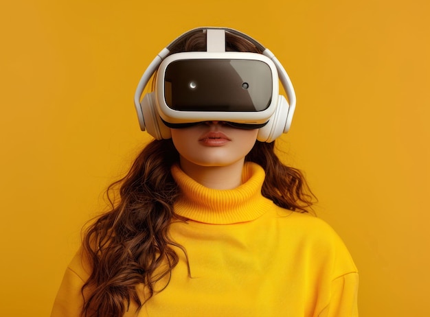 Młoda kobieta w żółtej kurtce zanurzona w wirtualnej rzeczywistości z nowoczesnym białym headsetem VR i głową