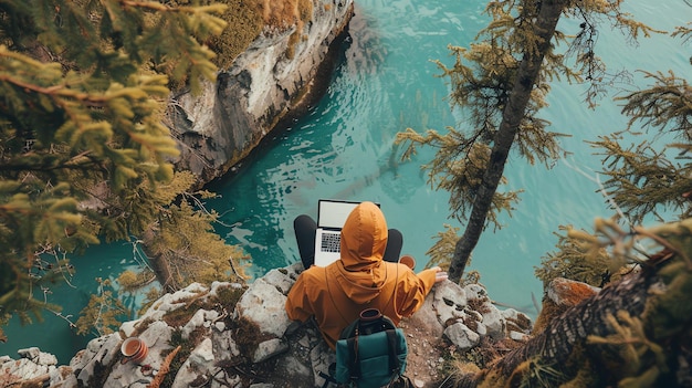 Młoda kobieta w żółtym płaszczu przeciwdeszczowym siedzi na klifie nad piękną górską rzeką i pracuje na swoim laptopie