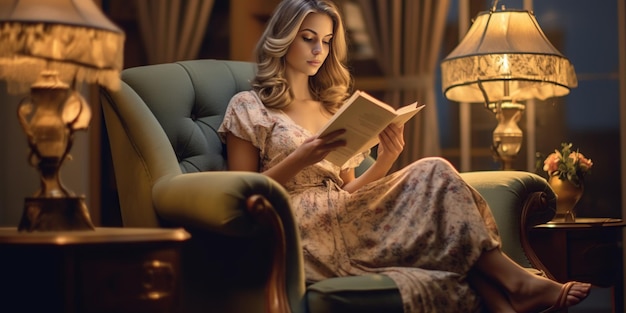 Młoda kobieta w zwykłych ubraniach czyta powieść leżąca na szarej kanapie zatrzymująca się w hotelu w domowym mieszkaniu relaksująca się spędzając czas wolny w salonie