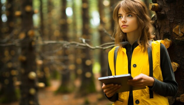 Zdjęcie młoda kobieta w zwykłych ubraniach stoi na zewnątrz w jesiennym lesie uśmiechając się i patrząc w inną stronę trzymając cyfrowy tablet otoczony pięknem natury generowanej przez sztuczną inteligencję