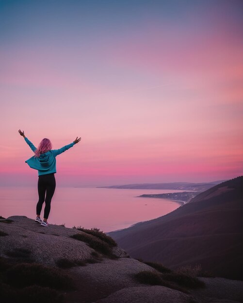 Młoda kobieta wędrująca z otwartymi ramionami na szczycie góry o wschodzie słońca