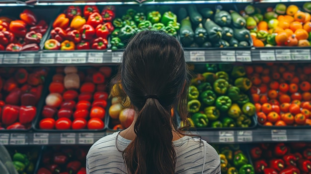 Zdjęcie młoda kobieta wybierająca świeże warzywa w supermarkecie zdrowe jedzenie koncepcja zakupów spożywczych