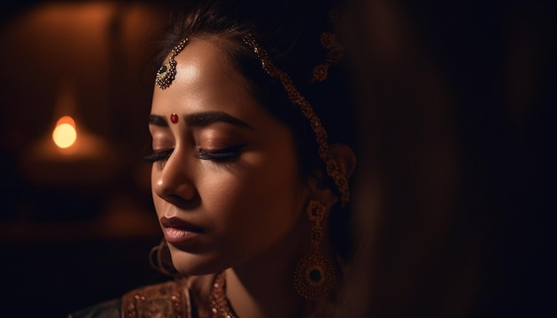 Młoda kobieta wygląda elegancko w tradycyjnej indyjskiej biżuterii wygenerowanej przez sztuczną inteligencję