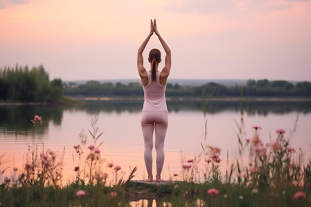 Młoda kobieta wykonująca asany jogi w przyrodzie w pobliżu jeziora
