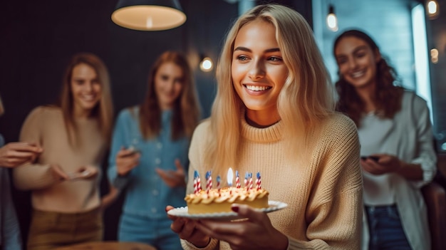 Zdjęcie młoda kobieta wypowiada życzenie, trzymając tort urodzinowy, podczas gdy inni oglądają generative ai