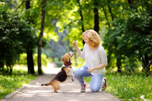 Młoda Kobieta Z Beagle Psem W Lato Parku. Posłuszny Zwierzak Ze Swoim Właścicielem ćwiczący Polecenie Skoku