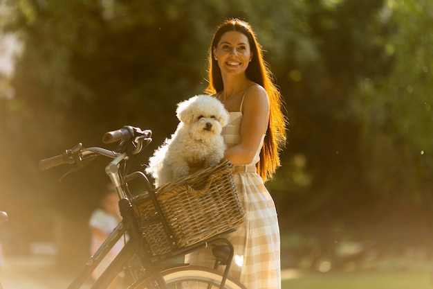 Młoda kobieta z białym bichon frise psem w koszu roweru elektrycznego