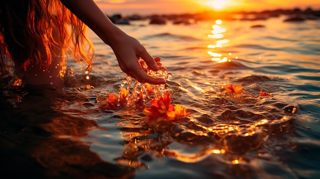 młoda kobieta z bukietem żółtych kwiatów o zachodzie słońca nad jeziorem