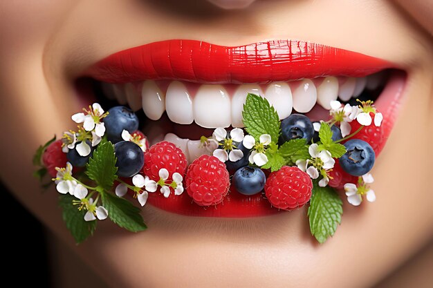 Młoda kobieta z czerwoną szminką na ustach trzyma garść truskawek i borówek