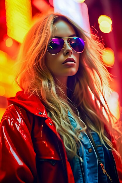 Zdjęcie młoda kobieta z długimi blond włosami, nosząca okulary przeciwsłoneczne i czerwoną kurtkę.