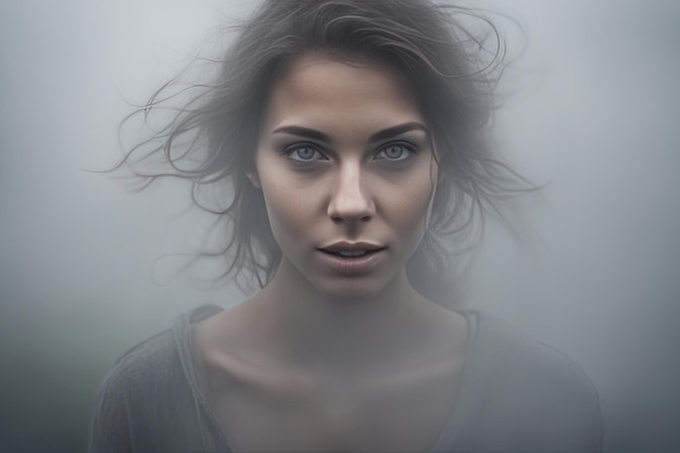 młoda kobieta z długimi brązowymi włosami młoda kobieta z długimi brązowymi włosami piękna młoda kobieta we mgle
