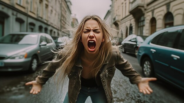 Zdjęcie młoda kobieta z gniewnym nastrojem, bo ma problem z ludźmi jadącymi po drodze.