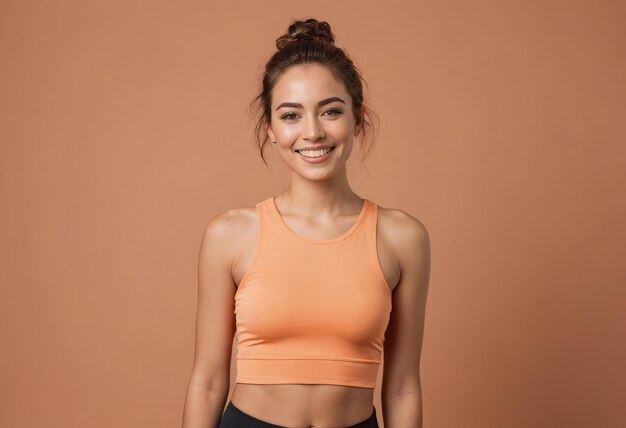 Młoda kobieta z górnym węzłem i energicznym uśmiechem ubrana w sportowy pomarańczowy top gotowy do