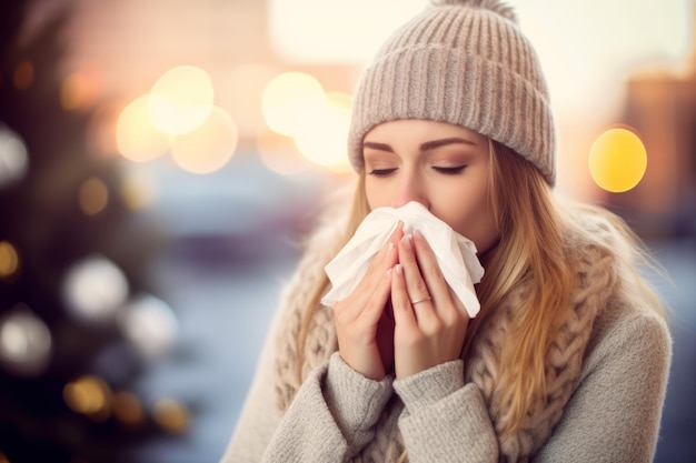 Młoda kobieta z grypą wydmuchuje nos za pomocą chusteczki łagodzącej objawy i szukająca ulgi