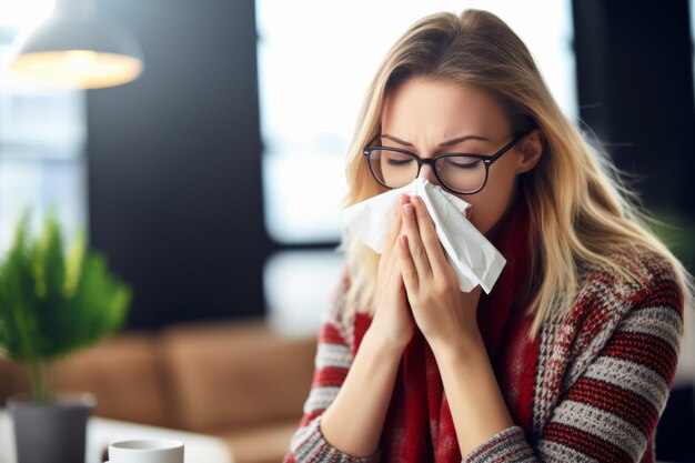 Młoda kobieta z grypą wydmuchuje nos za pomocą chusteczki z powodu dyskomfortu podczas sezonu alergii