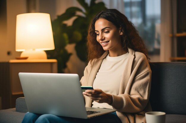 Młoda kobieta z kartą kredytową i używająca laptopa w domu Kobieta biznesowa