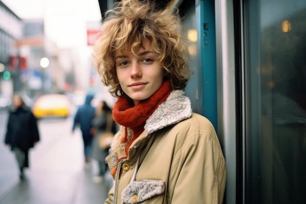młoda kobieta z kręconymi włosami stojąca przed przystankiem autobusowym