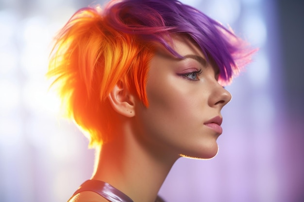 Młoda kobieta z krótkimi tęczowymi włosami w kolorze fioletowym i pomarańczowym z generatywną sztuczną inteligencją